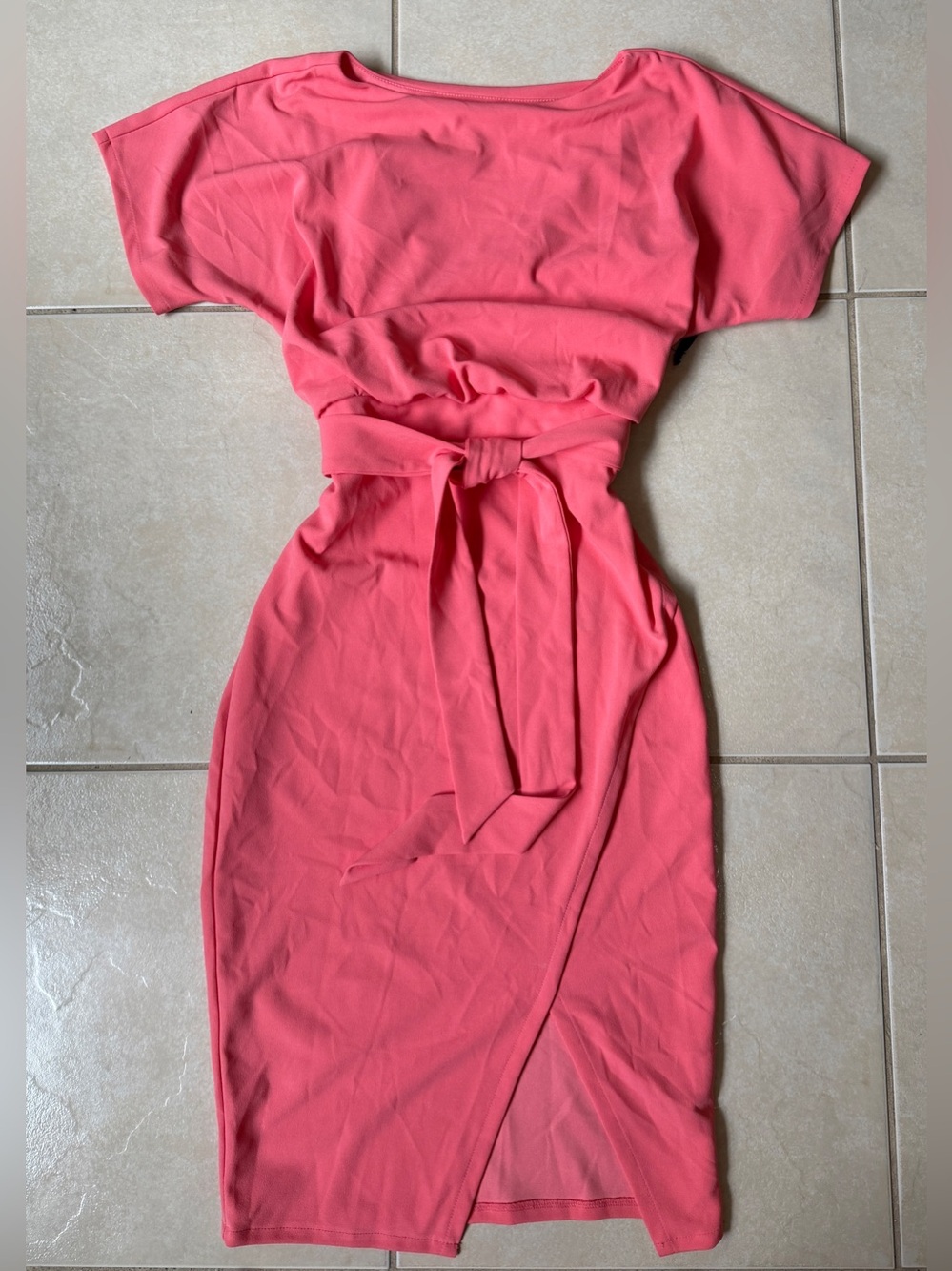 Kensie Blouson Faux Wrap Dress Size 2 Coral Pink Short Sleeve Tie Waist Midi NWT